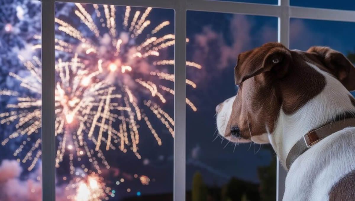 Perro viendo fuegos artificiales por la ventana en Navidad. (Foto: Freepik)