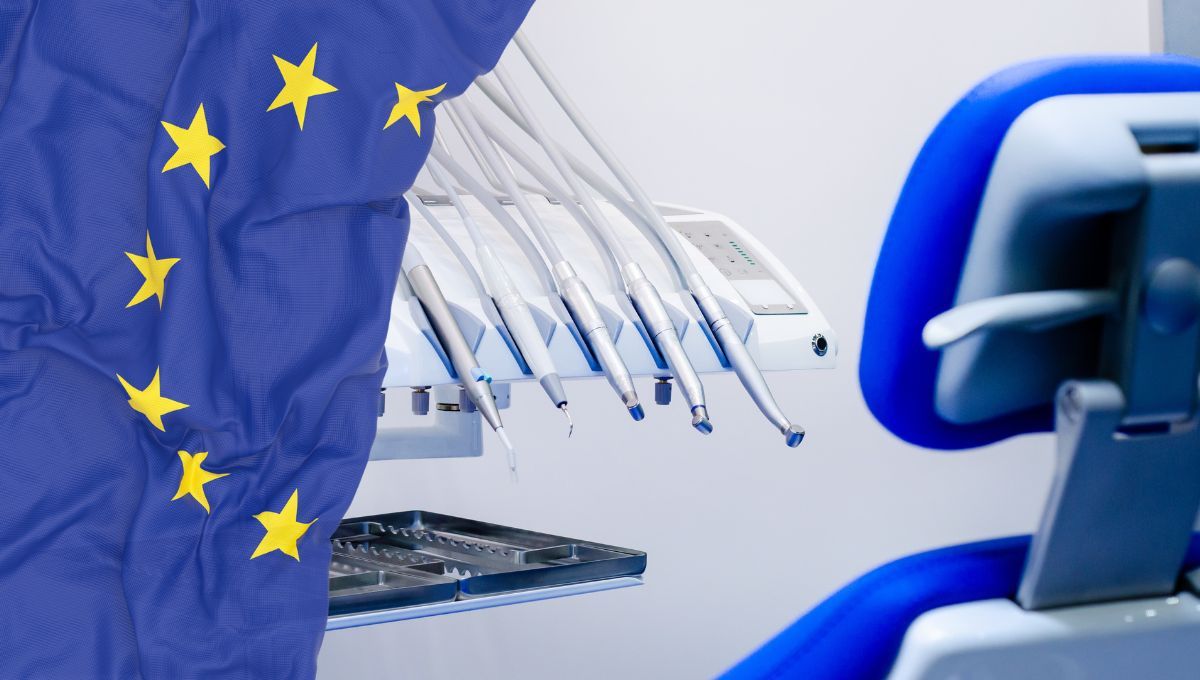 Clinica dental con bandera de la unión europea (Montaje Consalud)