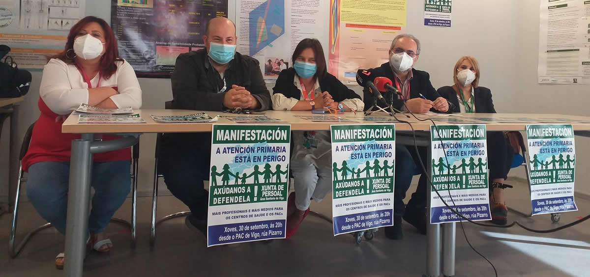 Rueda de prensa de la Junta de Personal del área sanitaria de Vigo para presentar la manifestación en defensa de la sanidad pública del 30 de septiembre de 2021 en la ciudad olívica (Foto: EP)