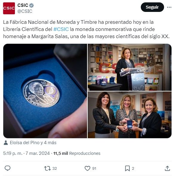 El CSIC comparte la moneda homenaje a Margarita Salas (Foto. @CSIC)