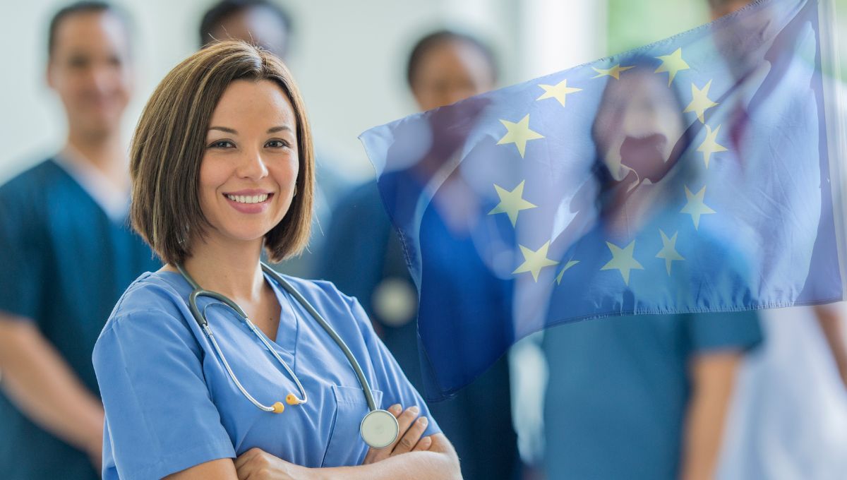 Enfermera con bandera de la Union Europea (Montaje Consalud)