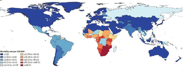 Grafico VIH mortality rates for both sexes combined in 2021, age standardised (Fuente: The Lancet)