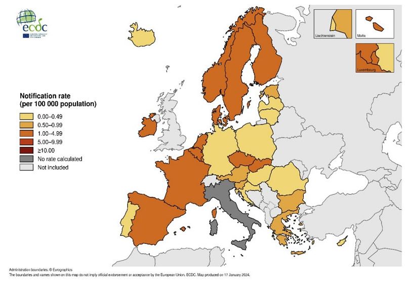 Casos confirmados de shigelosis por 100 000 habitantes por país UE 2022 (Fuente: ECDC)